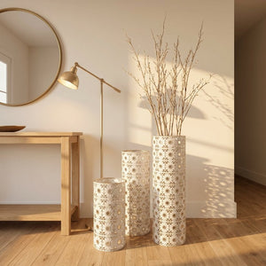 English Elm White and Gold Handcrafted Metal Floor Vases Trio Glam Cutout Floral Entryway Decor W3935P556123