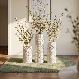 English Elm White and Gold Handcrafted Metal Floor Vases Trio Glam Cutout Floral Entryway Decor W3935P556123