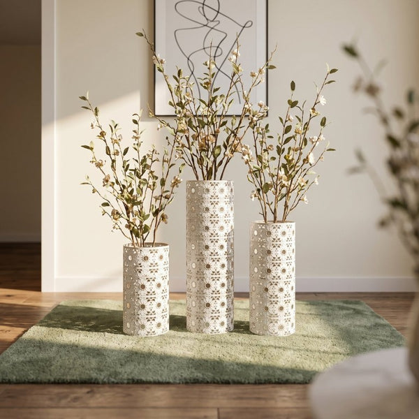 English Elm White and Gold Handcrafted Metal Floor Vases Trio Glam Cutout Floral Entryway Decor W3935P556123