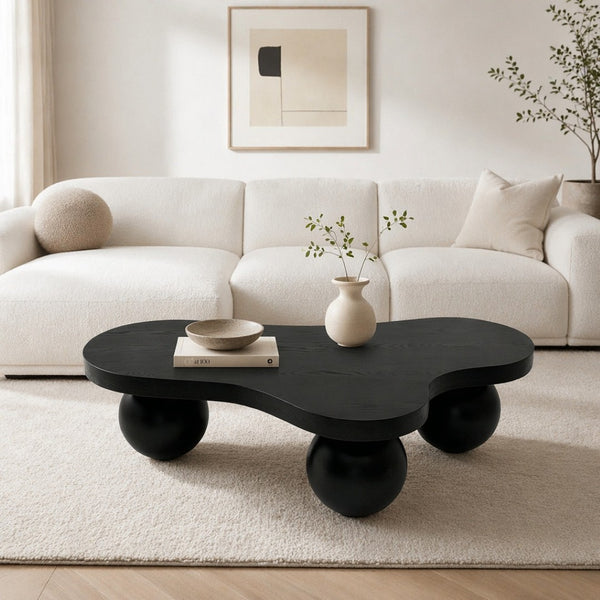 English Elm 46'' Ash Veneer Cloud Shape Coffee Table Sculptural Ball Legs Low Profile Modern Accent W3935S00009