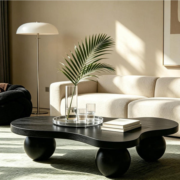 English Elm 46'' Ash Veneer Cloud Shape Coffee Table Sculptural Ball Legs Low Profile Modern Accent W3935S00009