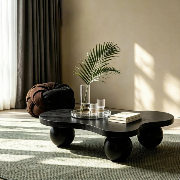 English Elm 46'' Ash Veneer Cloud Shape Coffee Table Sculptural Ball Legs Low Profile Modern Accent W3935S00009