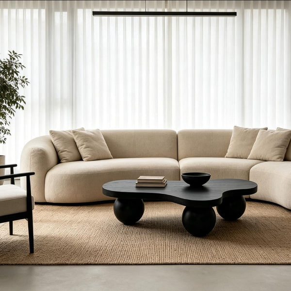 English Elm 46'' Ash Veneer Cloud Shape Coffee Table Sculptural Ball Legs Low Profile Modern Accent W3935S00009