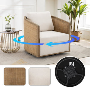English Elm Swivel Barrel Chair Boucle Fabric Rattan Accent Round Seat for Living Room Nursery W395P508668