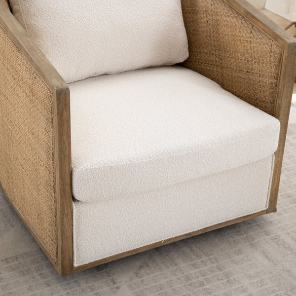 English Elm Swivel Barrel Chair Boucle Fabric Rattan Accent Round Seat for Living Room Nursery W395P508668