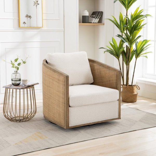 English Elm Swivel Barrel Chair Boucle Fabric Rattan Accent Round Seat for Living Room Nursery W395P508668