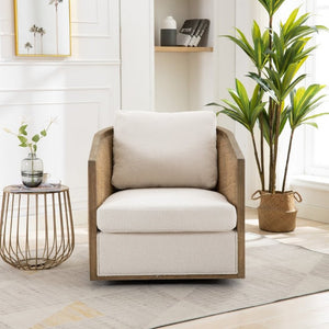 English Elm Swivel Barrel Chair Boucle Fabric Rattan Accent Round Seat for Living Room Nursery W395P508668