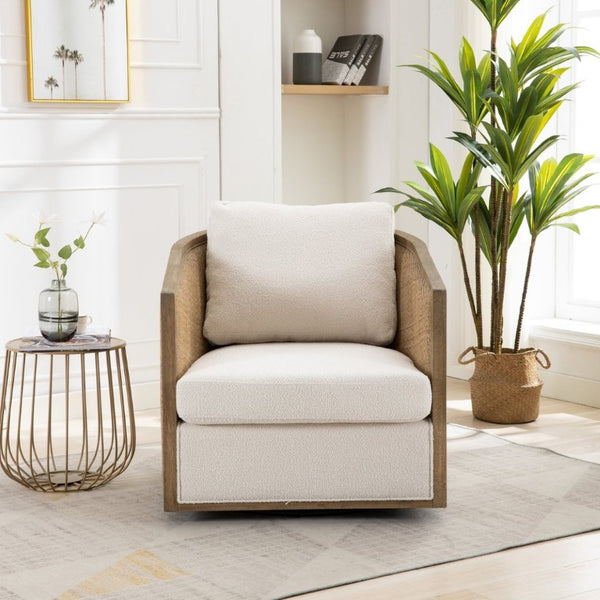 English Elm Swivel Barrel Chair Boucle Fabric Rattan Accent Round Seat for Living Room Nursery W395P508668
