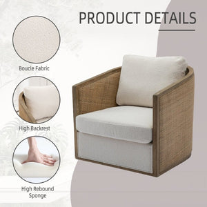 English Elm Swivel Barrel Chair Boucle Fabric Rattan Accent Round Seat for Living Room Nursery W395P508668