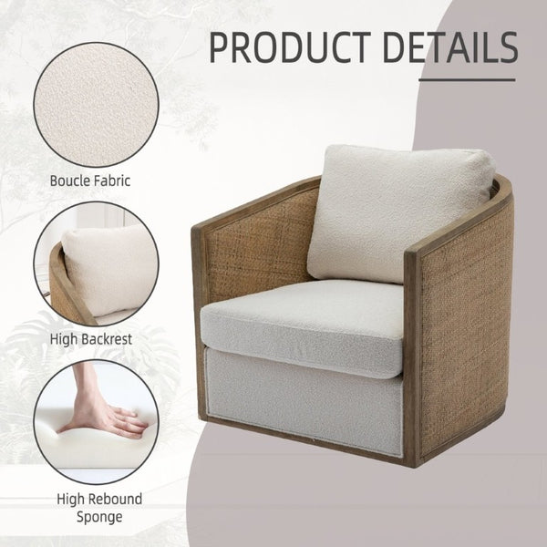 English Elm Swivel Barrel Chair Boucle Fabric Rattan Accent Round Seat for Living Room Nursery W395P508668