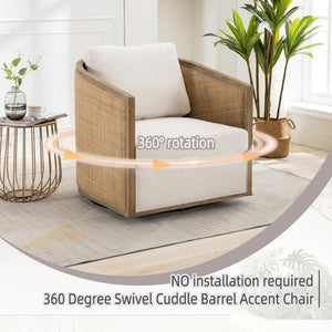 English Elm Swivel Barrel Chair Boucle Fabric Rattan Accent Round Seat for Living Room Nursery W395P508668