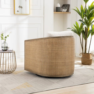 English Elm Swivel Barrel Chair Boucle Fabric Rattan Accent Round Seat for Living Room Nursery W395P508668