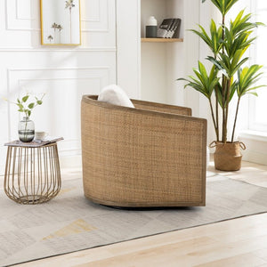English Elm Swivel Barrel Chair Boucle Fabric Rattan Accent Round Seat for Living Room Nursery W395P508668