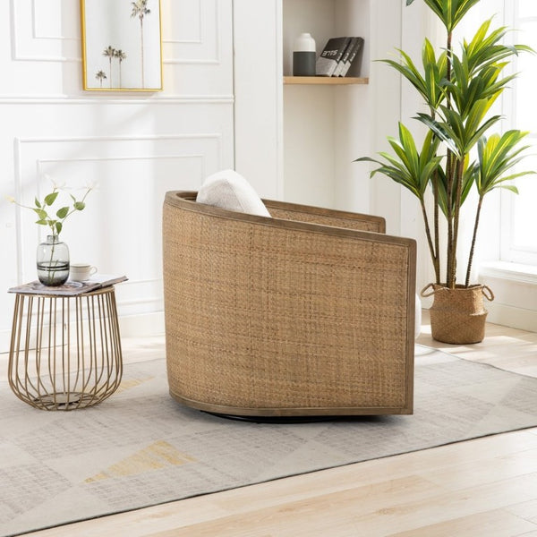English Elm Swivel Barrel Chair Boucle Fabric Rattan Accent Round Seat for Living Room Nursery W395P508668
