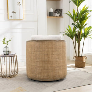 English Elm Swivel Barrel Chair Boucle Fabric Rattan Accent Round Seat for Living Room Nursery W395P508668