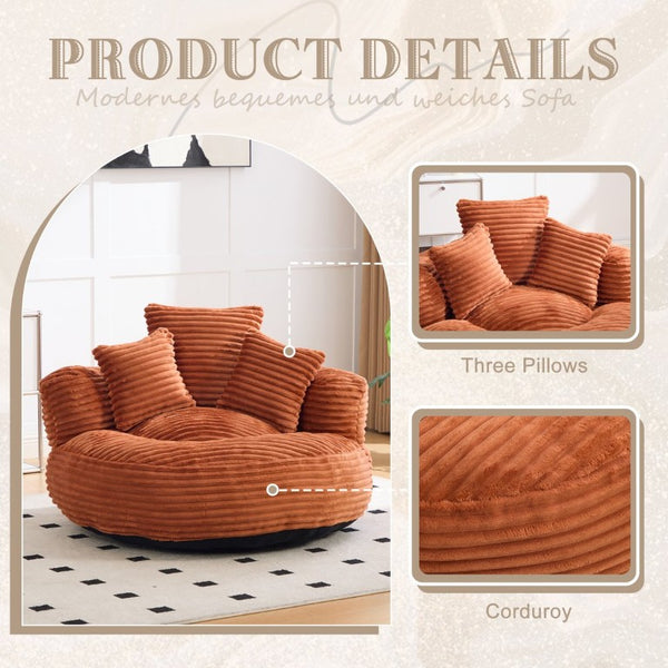 English Elm Single Corduroy Bean Bag Chair with Memory Foam Fill Armrests and Three Accent Pillows Orange W395P545841