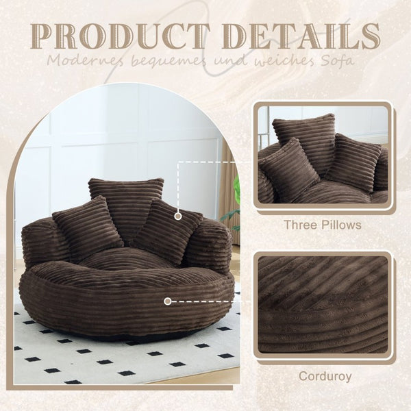 English Elm Single Corduroy Bean Bag Chair with Memory Foam Fill Armrests and Three Pillows Coffee 42.52 L x 42.52 W x 20.47 H W395P545842