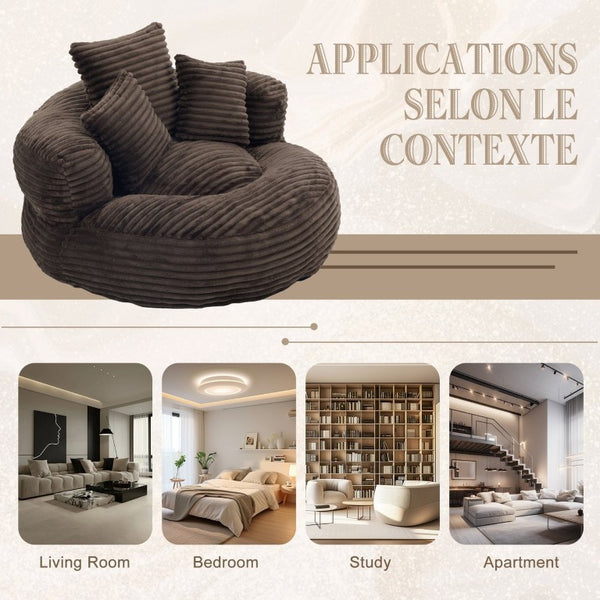 English Elm Single Corduroy Bean Bag Chair with Memory Foam Fill Armrests and Three Pillows Coffee 42.52 L x 42.52 W x 20.47 H W395P545842