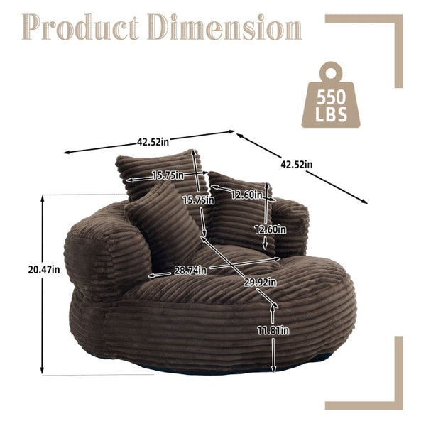 English Elm Single Corduroy Bean Bag Chair with Memory Foam Fill Armrests and Three Pillows Coffee 42.52 L x 42.52 W x 20.47 H W395P545842