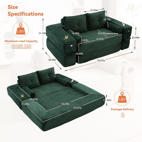 English Elm Single Corduroy Bean Bag Chair with Memory Foam Fill Armrests and Three Pillows Emerald 70.87 L x 38.58 W x 31.5 H W395S00148
