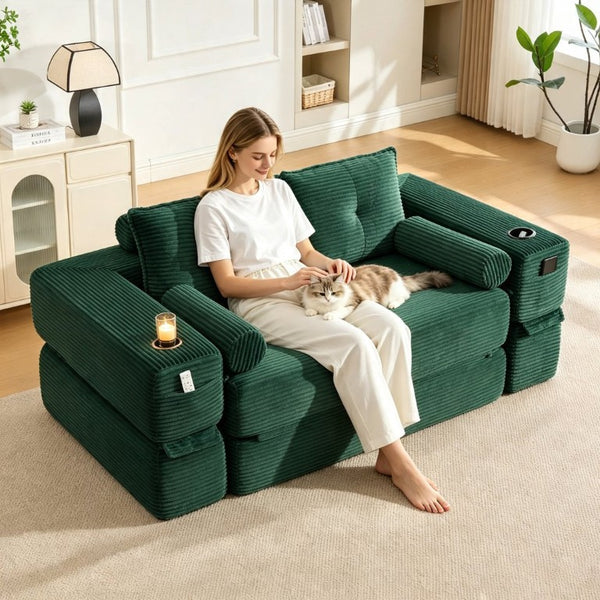 English Elm Single Corduroy Bean Bag Chair with Memory Foam Fill Armrests and Three Pillows Emerald 70.87 L x 38.58 W x 31.5 H W395S00148