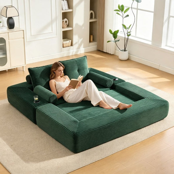 English Elm Single Corduroy Bean Bag Chair with Memory Foam Fill Armrests and Three Pillows Emerald 70.87 L x 38.58 W x 31.5 H W395S00148