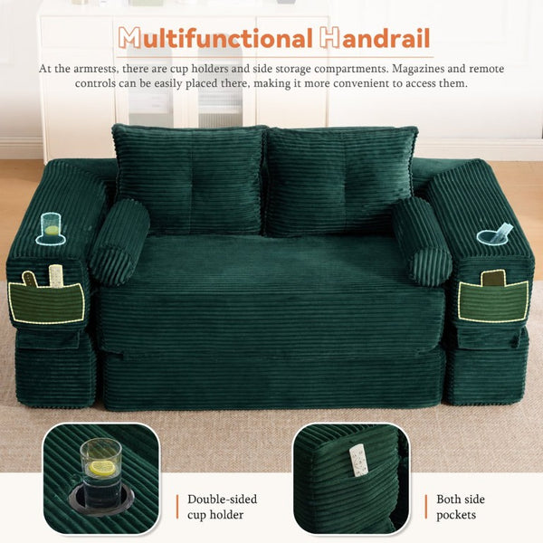 English Elm Single Corduroy Bean Bag Chair with Memory Foam Fill Armrests and Three Pillows Emerald 70.87 L x 38.58 W x 31.5 H W395S00148