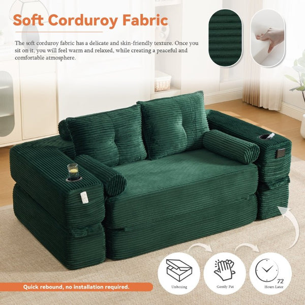 English Elm Single Corduroy Bean Bag Chair with Memory Foam Fill Armrests and Three Pillows Emerald 70.87 L x 38.58 W x 31.5 H W395S00148
