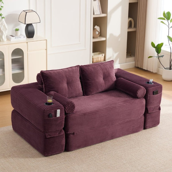English Elm Single Corduroy Bean Bag Chair with Memory Foam Fill Armrests and Three Pillows Wine Red 70.87 L x 38.58 W x 31.5 H W395S00149