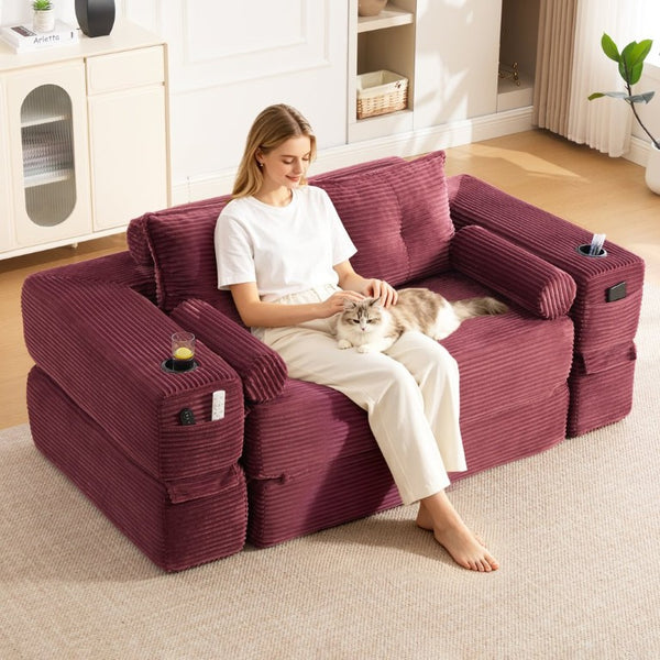 English Elm Single Corduroy Bean Bag Chair with Memory Foam Fill Armrests and Three Pillows Wine Red 70.87 L x 38.58 W x 31.5 H W395S00149
