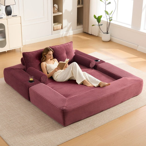 English Elm Single Corduroy Bean Bag Chair with Memory Foam Fill Armrests and Three Pillows Wine Red 70.87 L x 38.58 W x 31.5 H W395S00149