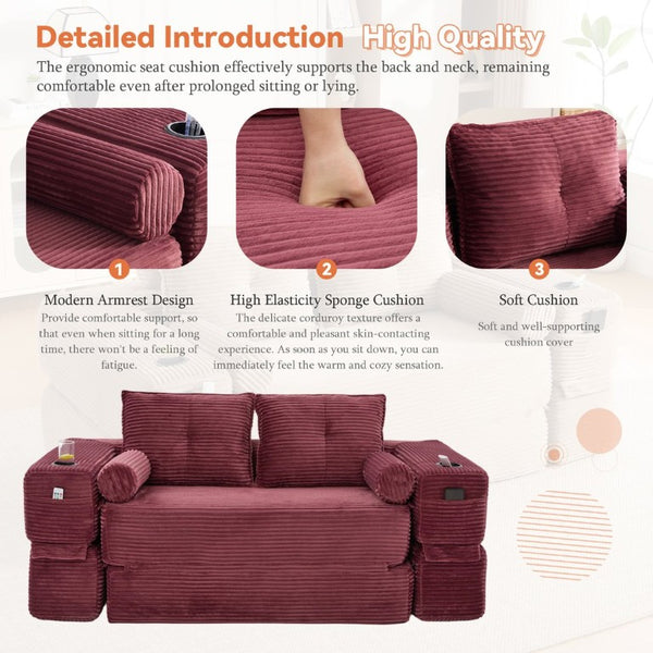 English Elm Single Corduroy Bean Bag Chair with Memory Foam Fill Armrests and Three Pillows Wine Red 70.87 L x 38.58 W x 31.5 H W395S00149