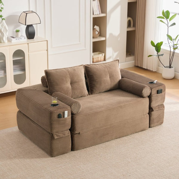 English Elm Single Corduroy Bean Bag Chair with Memory Foam Fill Armrests and Three Pillows Brown 70.87 L x 38.58 W x 31.5 H W395S00151