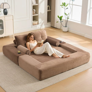 English Elm Single Corduroy Bean Bag Chair with Memory Foam Fill Armrests and Three Pillows Brown 70.87 L x 38.58 W x 31.5 H W395S00151