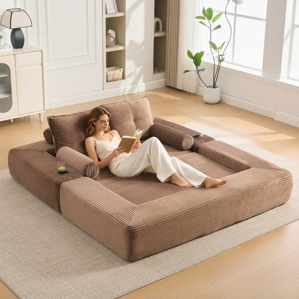 English Elm Single Corduroy Bean Bag Chair with Memory Foam Fill Armrests and Three Pillows Brown 70.87 L x 38.58 W x 31.5 H W395S00151