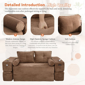 English Elm Single Corduroy Bean Bag Chair with Memory Foam Fill Armrests and Three Pillows Brown 70.87 L x 38.58 W x 31.5 H W395S00151