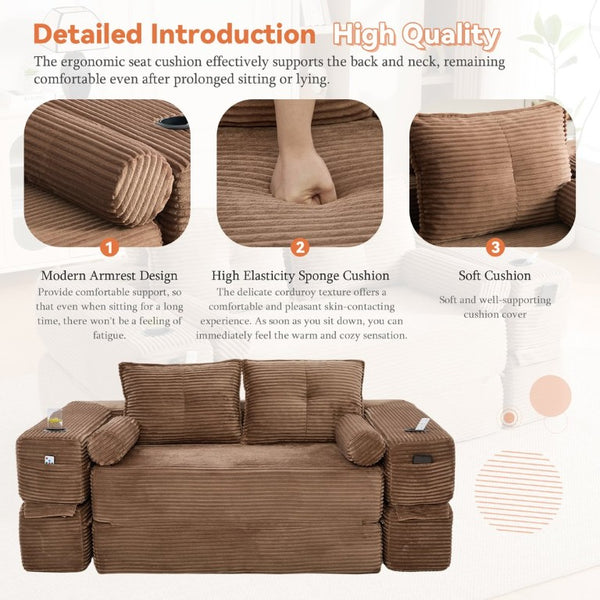 English Elm Single Corduroy Bean Bag Chair with Memory Foam Fill Armrests and Three Pillows Brown 70.87 L x 38.58 W x 31.5 H W395S00151