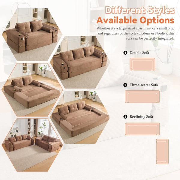 English Elm Single Corduroy Bean Bag Chair with Memory Foam Fill Armrests and Three Pillows Brown 70.87 L x 38.58 W x 31.5 H W395S00151