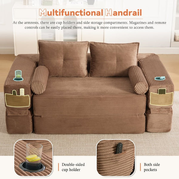 English Elm Single Corduroy Bean Bag Chair with Memory Foam Fill Armrests and Three Pillows Brown 70.87 L x 38.58 W x 31.5 H W395S00151