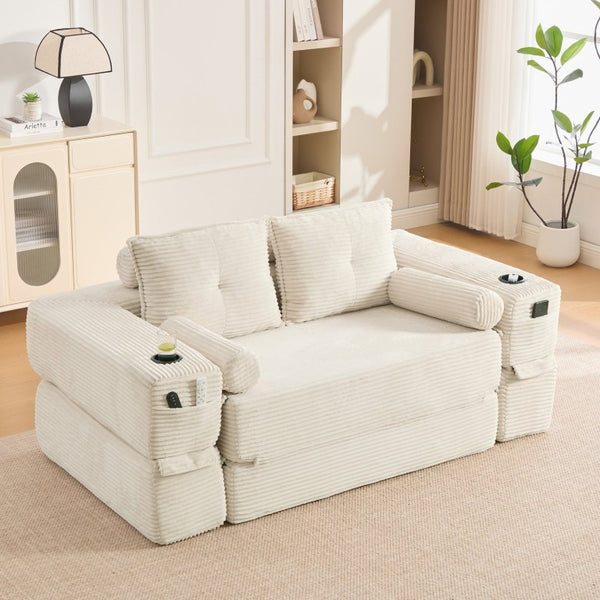 English Elm Compact Corduroy Convertible Floor Sofa Futon with Adjustable Headrests for Studios 70.87 inches Beige W395S00152