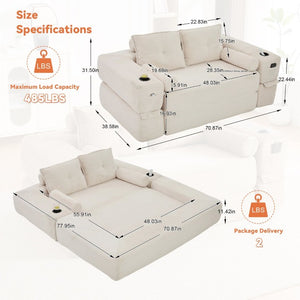 English Elm Compact Corduroy Convertible Floor Sofa Futon with Adjustable Headrests for Studios 70.87 inches Beige W395S00152