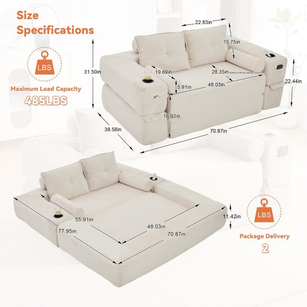 English Elm Compact Corduroy Convertible Floor Sofa Futon with Adjustable Headrests for Studios 70.87 inches Beige W395S00152