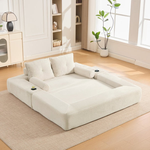 English Elm Compact Corduroy Convertible Floor Sofa Futon with Adjustable Headrests for Studios 70.87 inches Beige W395S00152