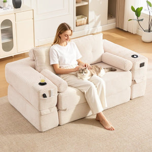 English Elm Compact Corduroy Convertible Floor Sofa Futon with Adjustable Headrests for Studios 70.87 inches Beige W395S00152