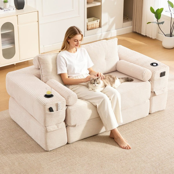 English Elm Compact Corduroy Convertible Floor Sofa Futon with Adjustable Headrests for Studios 70.87 inches Beige W395S00152