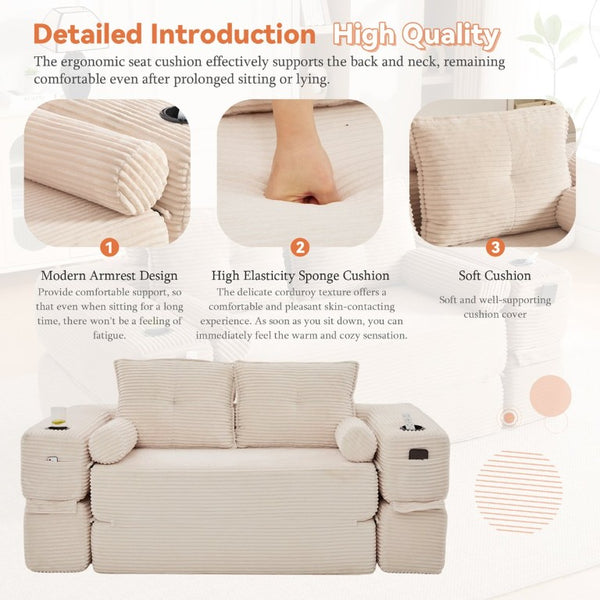 English Elm Compact Corduroy Convertible Floor Sofa Futon with Adjustable Headrests for Studios 70.87 inches Beige W395S00152