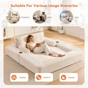 English Elm Compact Corduroy Convertible Floor Sofa Futon with Adjustable Headrests for Studios 70.87 inches Beige W395S00152