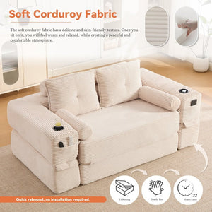 English Elm Compact Corduroy Convertible Floor Sofa Futon with Adjustable Headrests for Studios 70.87 inches Beige W395S00152