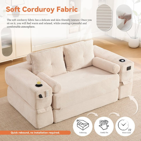 English Elm Compact Corduroy Convertible Floor Sofa Futon with Adjustable Headrests for Studios 70.87 inches Beige W395S00152