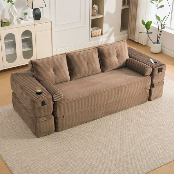 English Elm Compact Corduroy Convertible Floor Sofa Futon with Adjustable Headrests for Studios 91.34 inches Brown W395S00153